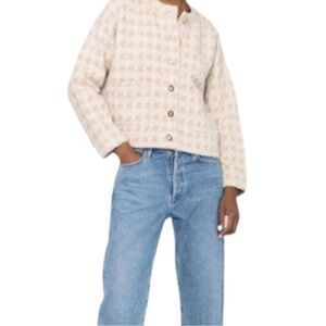 Sandro Maria Houndstooth Cardigan Gold Metallic Beige